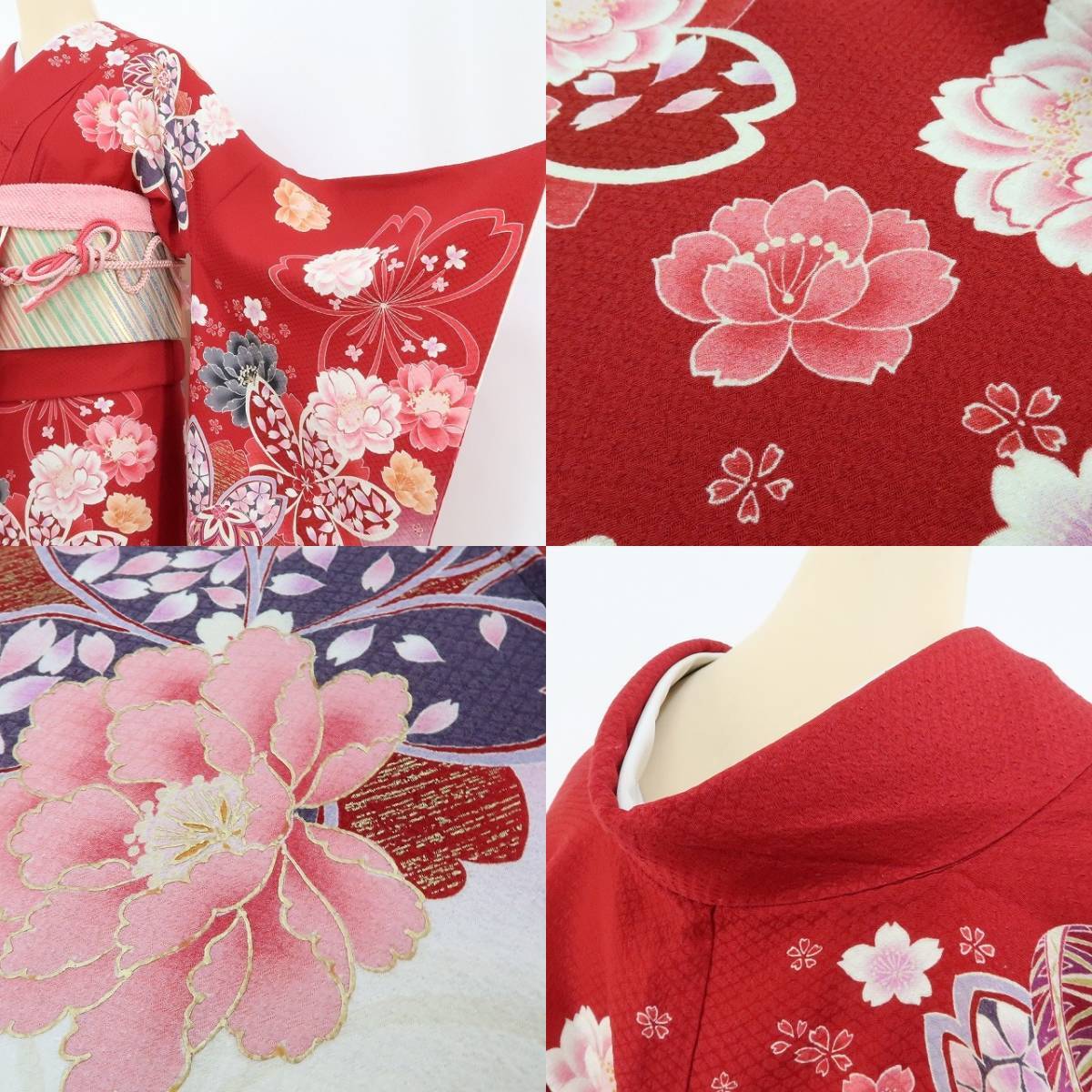 美品 ３点セット 金駒刺繍 着物 成人式 正絹“晴れやかに華やかに開花して花道を進む桜と貴女”振袖・帯揚げ・帯締め 1875