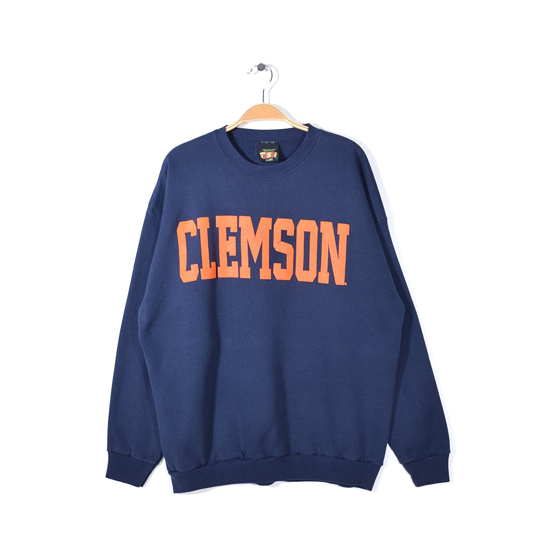 90s クリムゾン大学 USA製 ヴィンテージスウェット カレッジプリント TSI 紺 ネイビー CLEMSON メンズXL アメカジ 古着 @CF0713