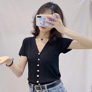 パールボタン Vネック5部袖カーディガン AJ111-211