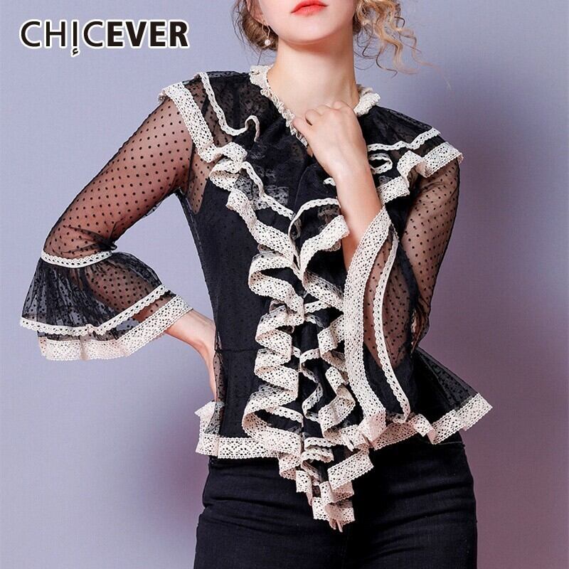 CHICEVERサマースウィートヒットカラーレースフリルレディースシャツVネックメッシュドットフレアスリーブパースペクティブトップ2020タイド ラッフル 大人ガーリー キュート カジュアル 夏物 6base511816203536
