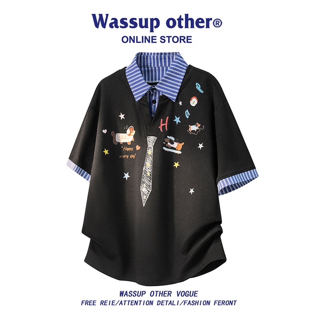 【WSシリーズ】★POLOシャツ★ 3color ユニセックス トップス 半袖 フェイクレイヤード カートゥーン 犬柄 ネクタイ柄 プリント