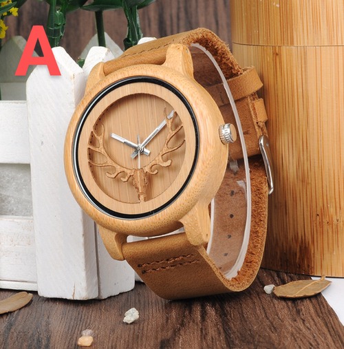 天然木製腕時計 革ベルト ウッドウォッチ ペアウォッチ 彫刻デザイン ナチュラル腕時計 エコウォッチ 軽量時計 男女兼用 環境配慮 手作り時計 鹿角デザイン