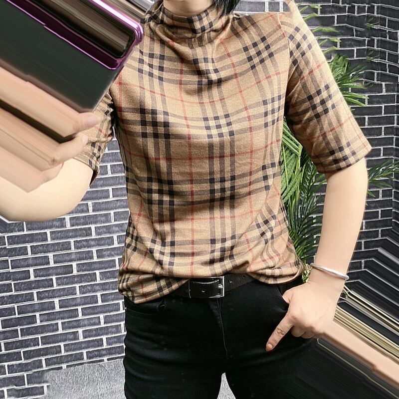 ラージサイズの女性用ハイネックチェック柄Tシャツルーズファットmm半袖ウエスタンスタイルボトミングシャツトップス女性ワイルド ミックスインファッション73235676171