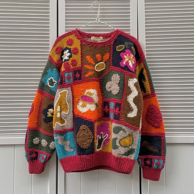 hand knit patchwork design sweater 〈レトロ古着 ハンドニット 