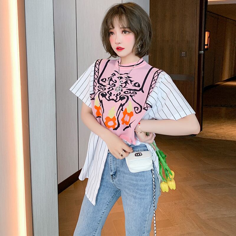 ストライプシャツ スリーブジャカードニットラウンドネックトップス スプリングサマー 春物 夏物 Oネック ステッチ MIUCO494624522