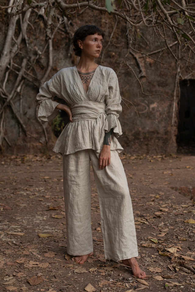 Yarn Dyed Linen Wide Belt Top (一点もの)