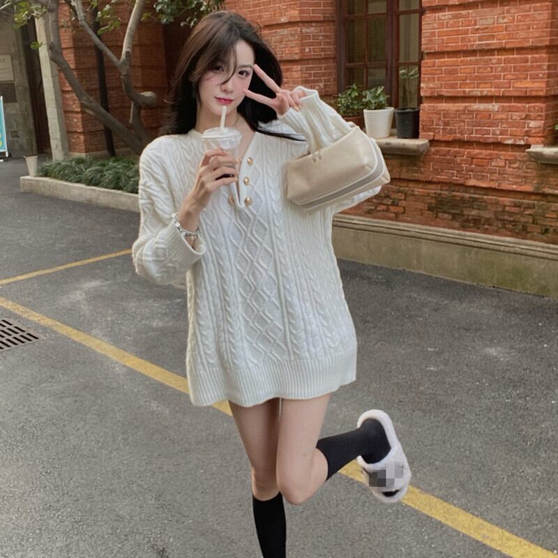 カラーVネックセーター オータムウィンタースタイルチェーン ルーズシャツ ロング 秋物 冬物 ガールズファッション31147209233