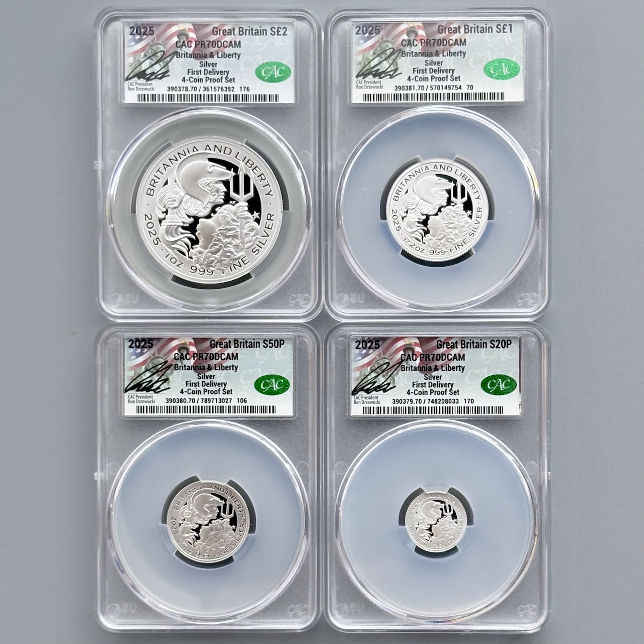 【最高鑑定 4枚組】ブリタニア＆リバティ 銀貨 セット 2025年 イギリス CAC PR70DCAM First Delivery 英国 モダンコイン PF70 #196