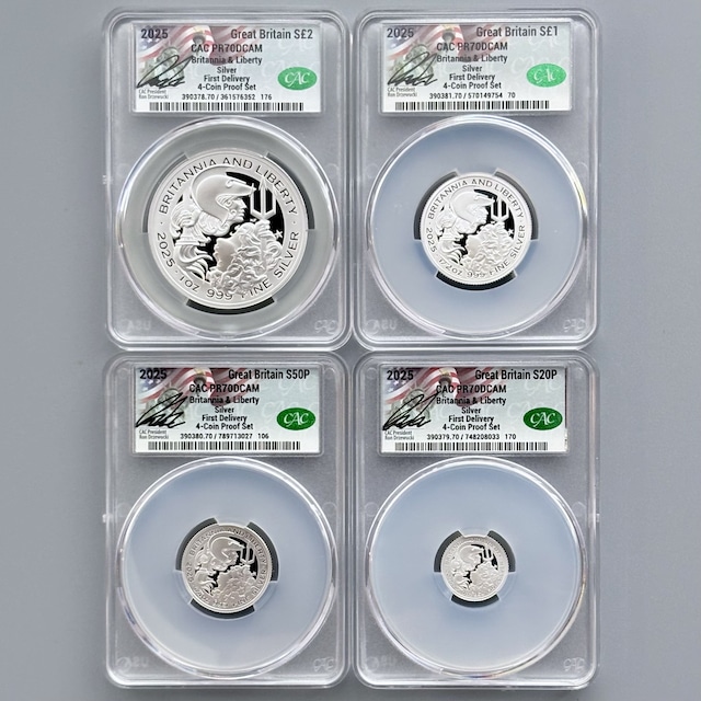 【最高鑑定 4枚組】ブリタニア＆リバティ 銀貨 セット 2025年 イギリス CAC PR70DCAM First Delivery 英国 モダンコイン PF70 #196