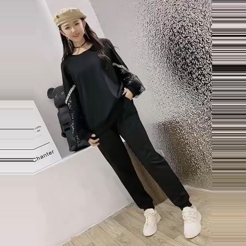 ラージサイズのレーススリーブセーターカジュアルスーツ女性の2020年秋新しいルーズ200kgの薄いスポーツツーピーススーツ ミックスインファッション826470269