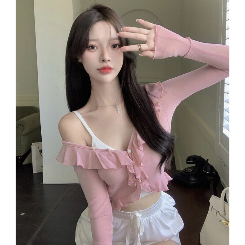 ラッフルショートニットカーディガンハイウェストウェストカジュアルショーツ サマー ロング ストリート 夏物 ブルマー ガールズファッション92122089997