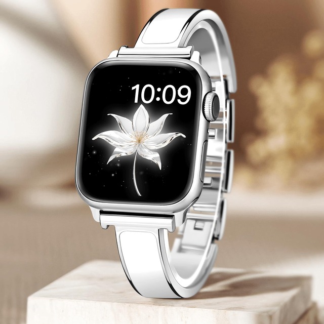 Bokoios おしゃれバングルバンド互换アップルウォッチ バンドレディース 46mm 45mm 44mm 42mm 49mm対応 かわいいスリムコンパチブルApple Watch バンド メタルアップルウォッチ ベルト 互换Apple Watch ベルト 調整簡単互换AppleWatch バンド iWatch Series 10 SE 9 8 7 6 5 4 3 Ultra-シルバー/ホワイト