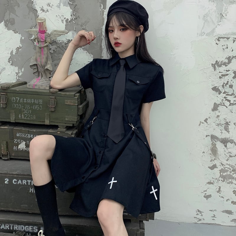 都谷シリーズ ワンピース ネクタイ付き ファション かっこいい 原宿風 ブラック 黒い S M L ショート丈 Elegant