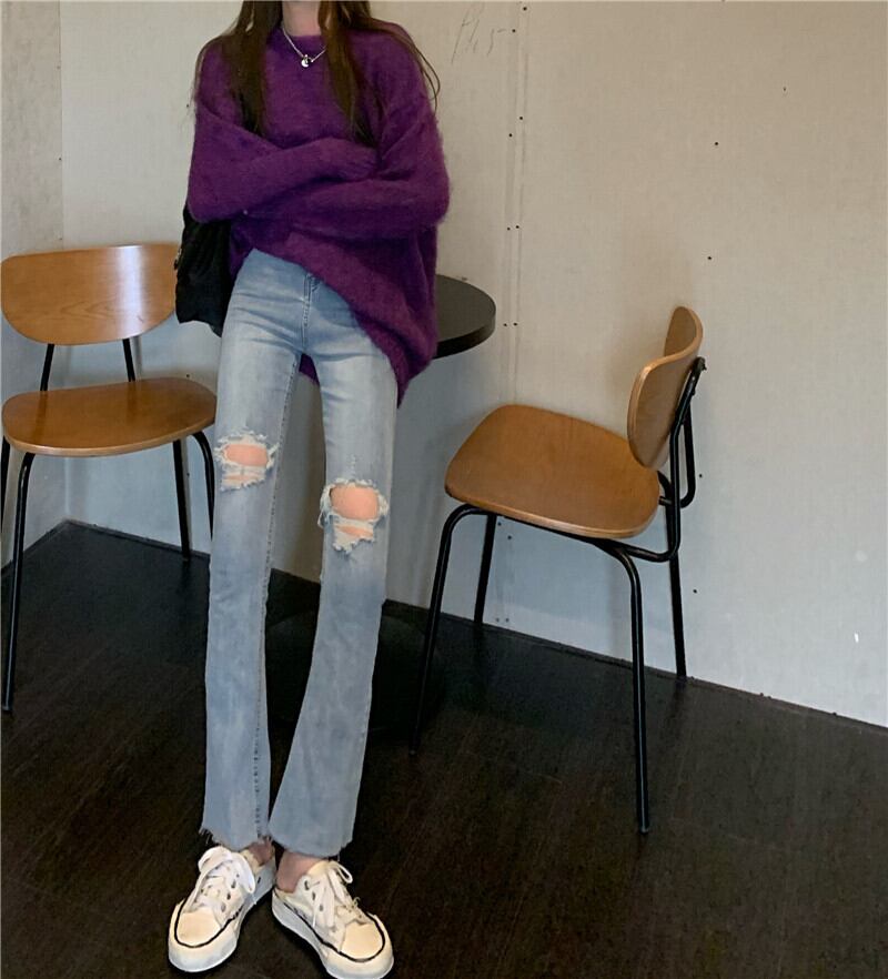 ジーンズ ハイウェストウェストスリムスプリングパンツ レッド 春物 ブラックストロベリース55643795178