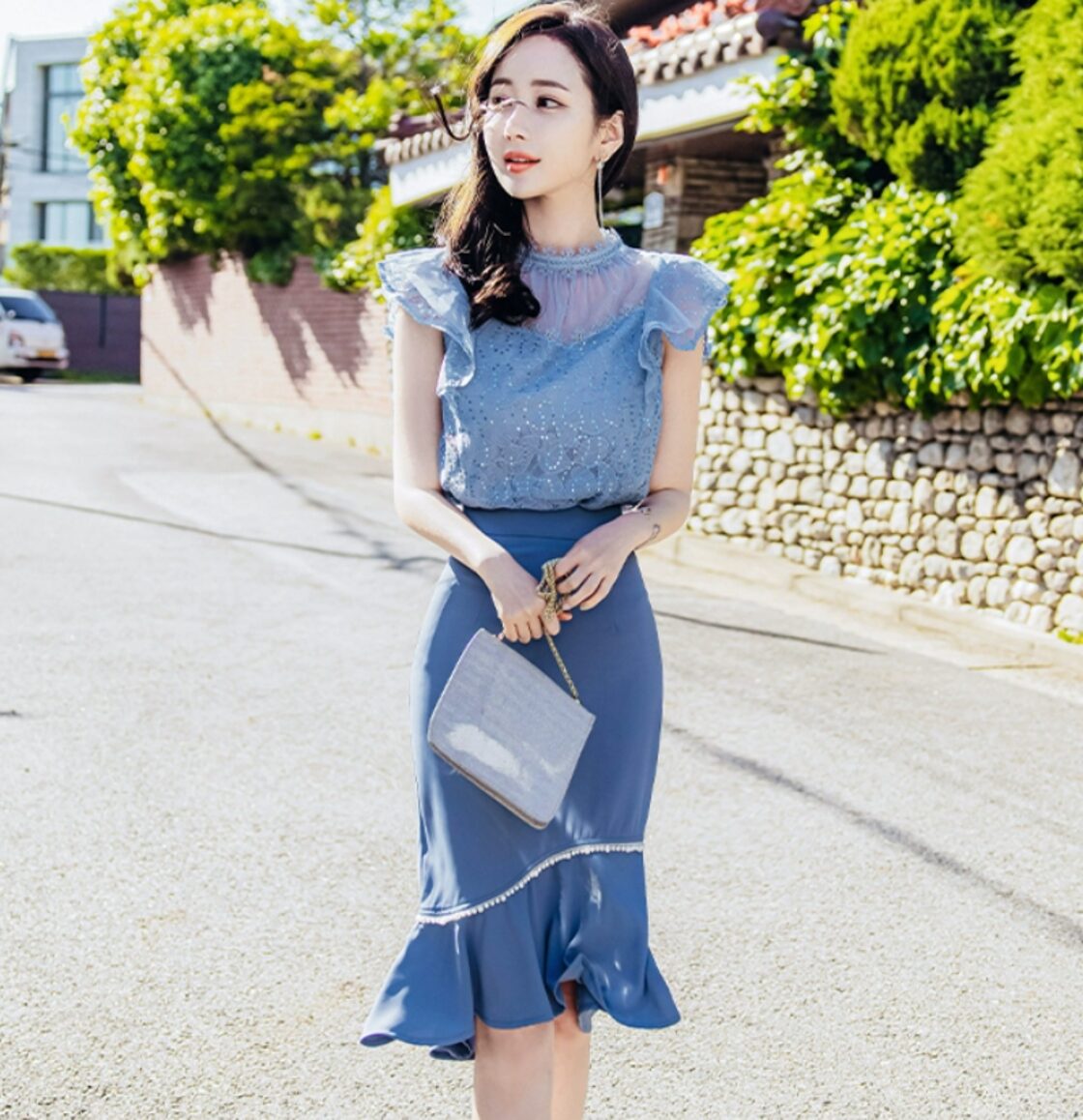 セットアップ ツーピース ノースリーブ 上品 大人可愛い ツーピース トップス スカート シャツ ブラウス タイトスカート