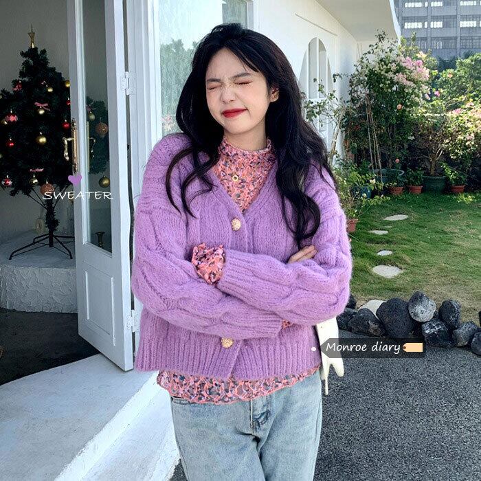 カーディガンセーター オータムウィンターVネックショートニットルーズトップス コート 秋物 冬物 モンロー90220596586