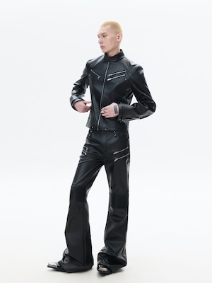 FRKM SCD 26SS パイオニアマルチジップブラックバイカーレザーパンツカジュアルパンツプリーツ膝サポートコーティングマイクロパンツ