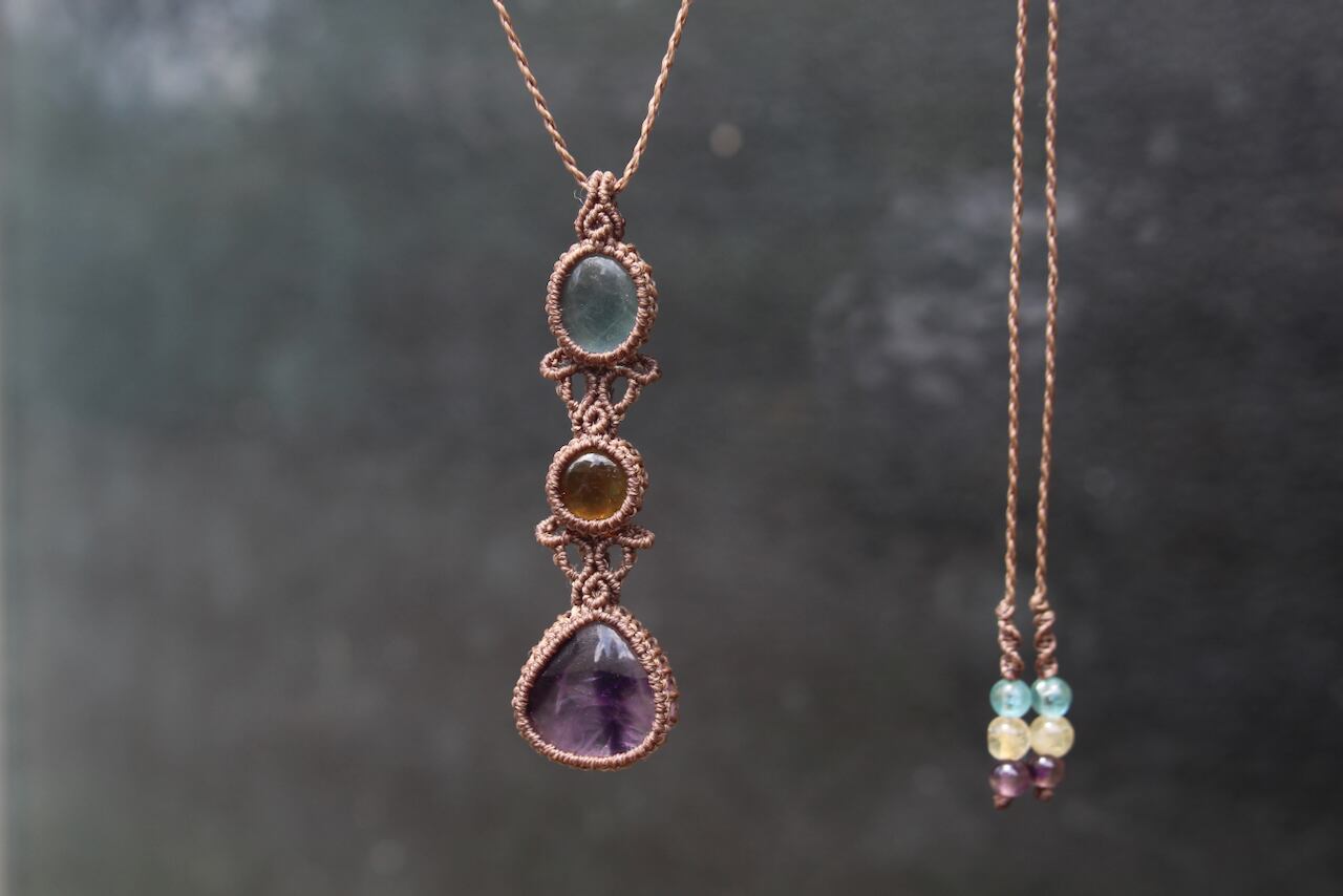 Trapiche amethyst & Green Fluorite & Citrin micro macrame pendant