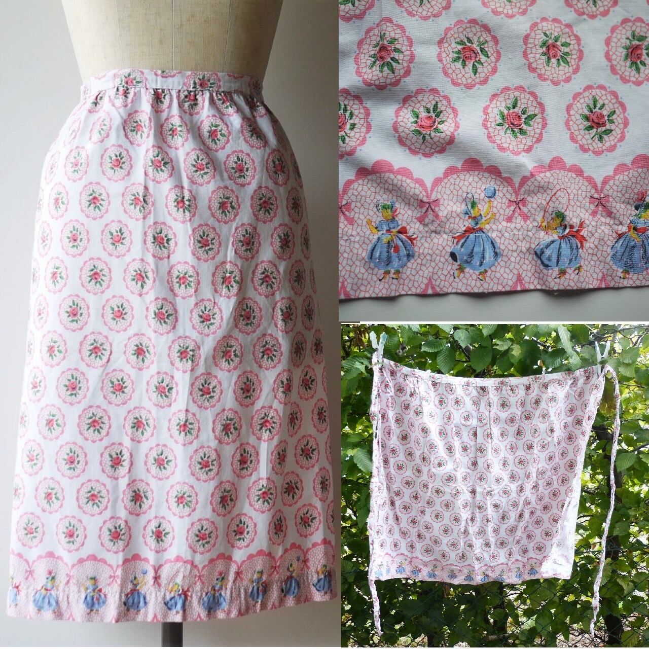 エプロン ピンクの薔薇と女の子 ドイツヴィンテージ