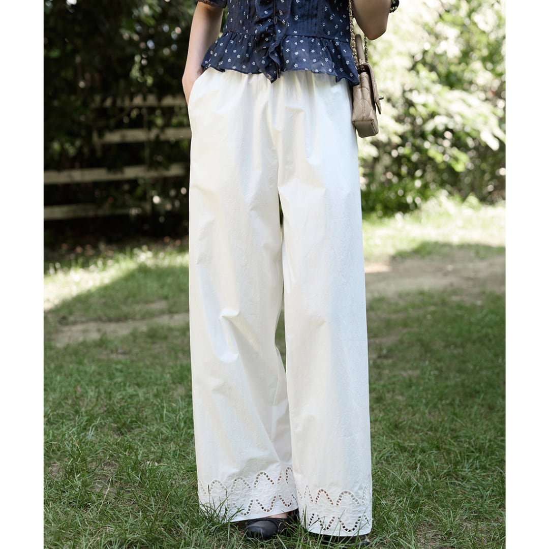 cotton lace hem wide pants