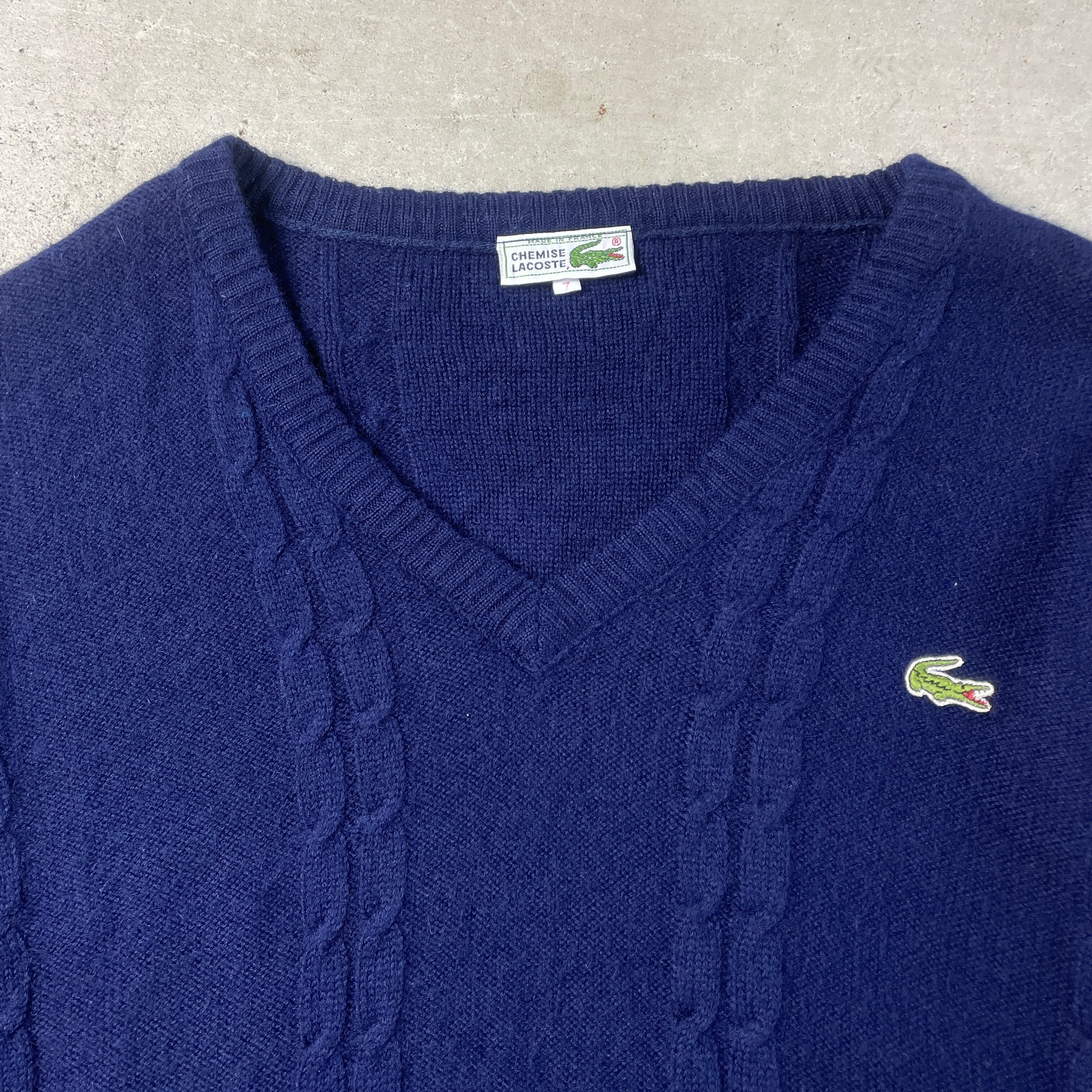 フランス製 70年代 LACOSTE ラコステ ウール×アクリル Vネック ケーブルニットセーター メンズXL相当 古着 70s ビンテージ  ヴィンテージ ネイビー 紺 【ニットセーター】 | cave 古着屋【公式】古着通販サイト