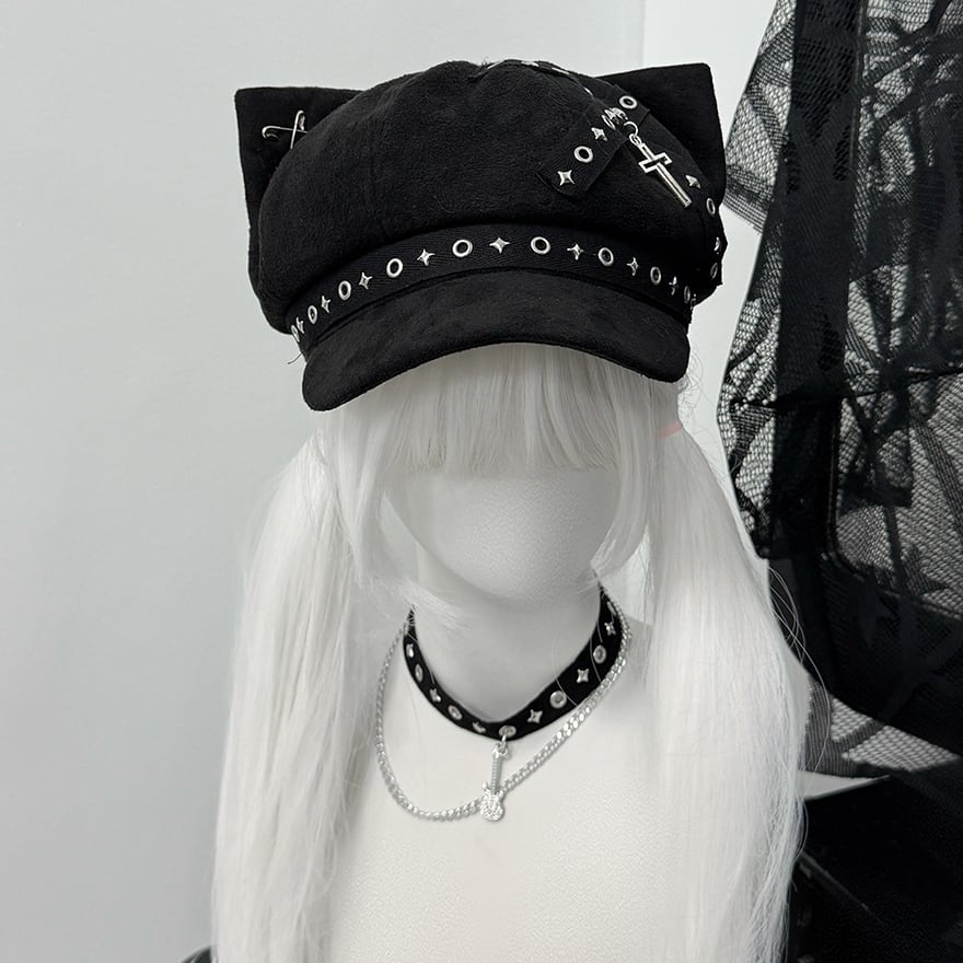 ゴスロリ猫耳帽子付き 地雷系 猫耳帽子 ストラップ×スタッズ パンク向け｜WithU | ゴスロリ