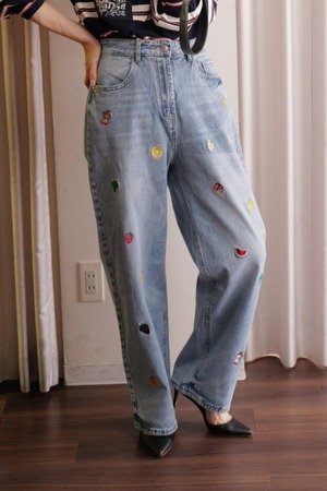 fruit embroidery denim blue