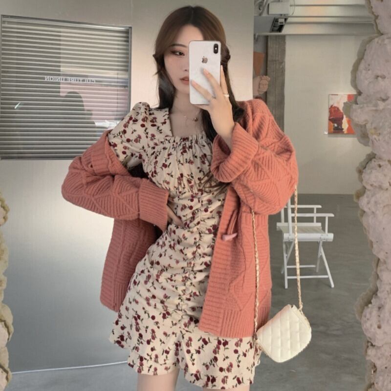 スプリングスタイルスタンダードコーデュロイフローラルプリーツドレス ボタンセーター コート ジャケット レディース レトロ 春物 花柄 YY-ファッション41193259905