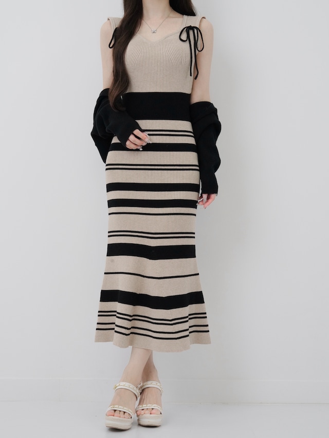 Lumignon original ♥ Riobon border nermaid dress【ベージュ】