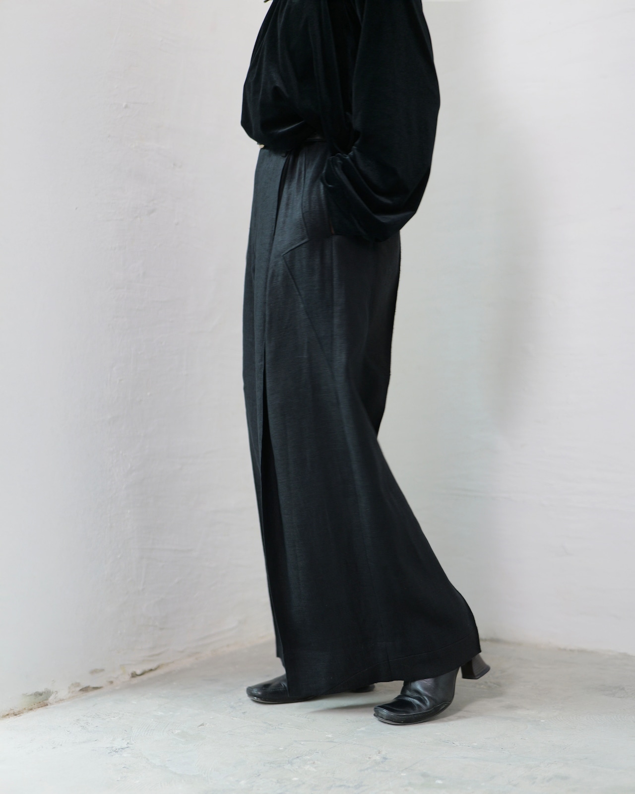 i’m here - Linen Wide Pants :Black|3種リネン切替/ワイド/“だまし絵”前立て