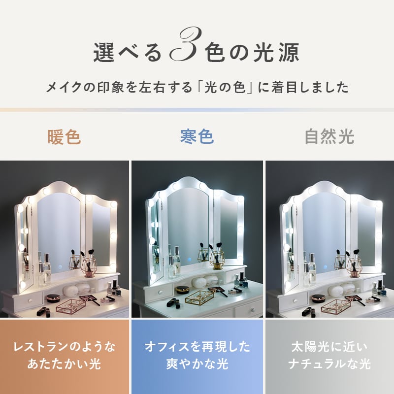 ドレッサー スツールセット 三面鏡 LED女優ミラー付き MD-6728 ドレッサー スツールセット 三面鏡 LED女優ミラー付き MD-6728