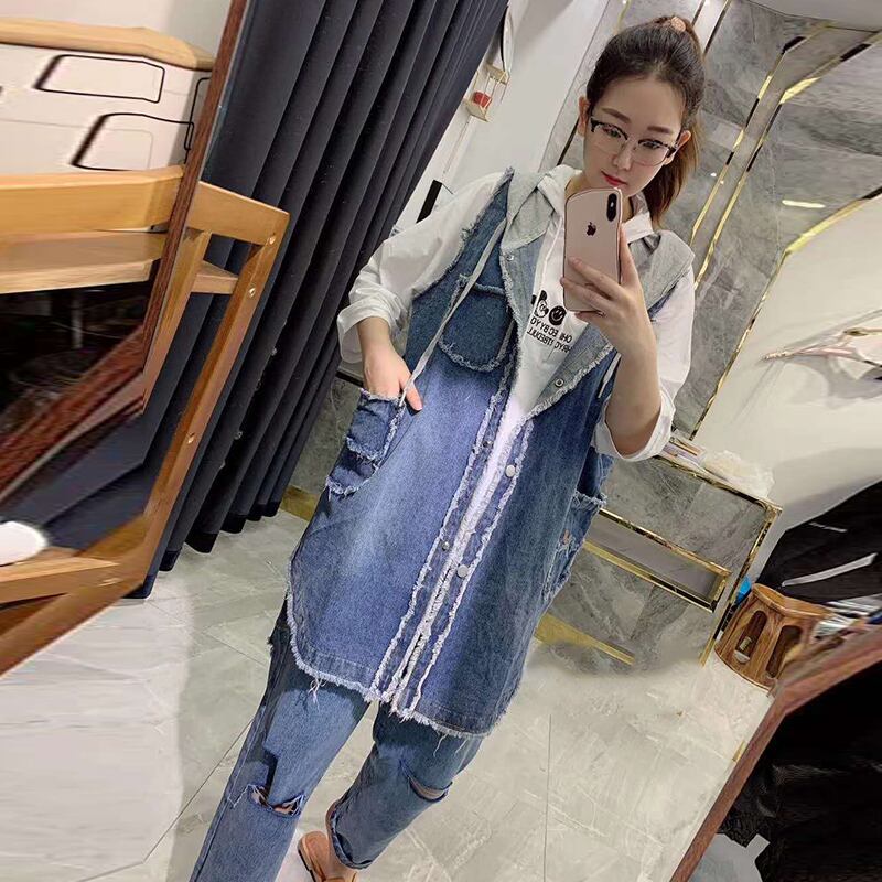 プラスサイズレディースデニムベスト2020年秋新バージョンルーズフードジャケットファットシスターチョッキカーディガン ミックスインファッション87156541102