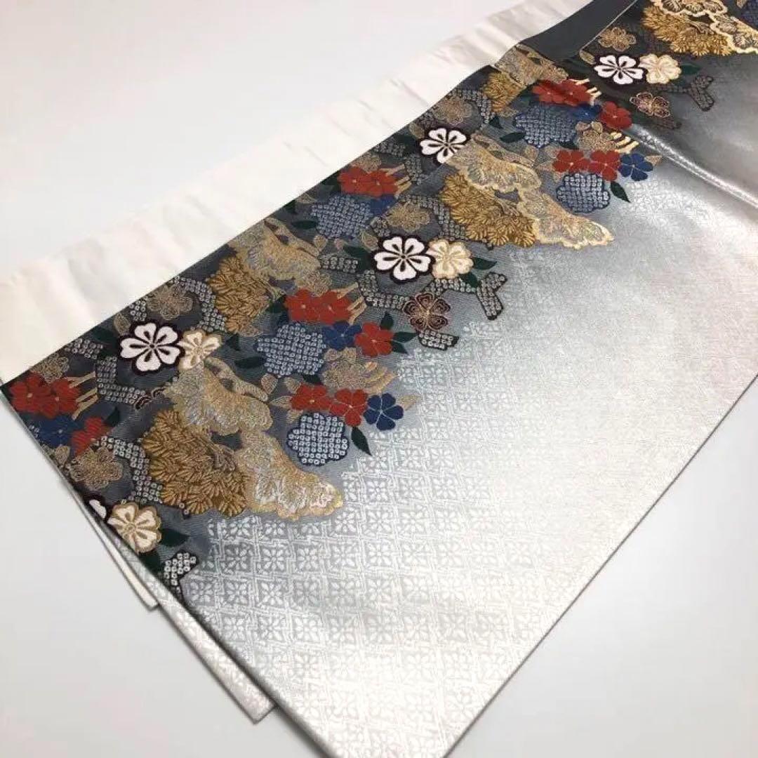 袋帯 聚楽 縦柄に桜の花 松 グラデーション 金糸 水銀色 O-1811