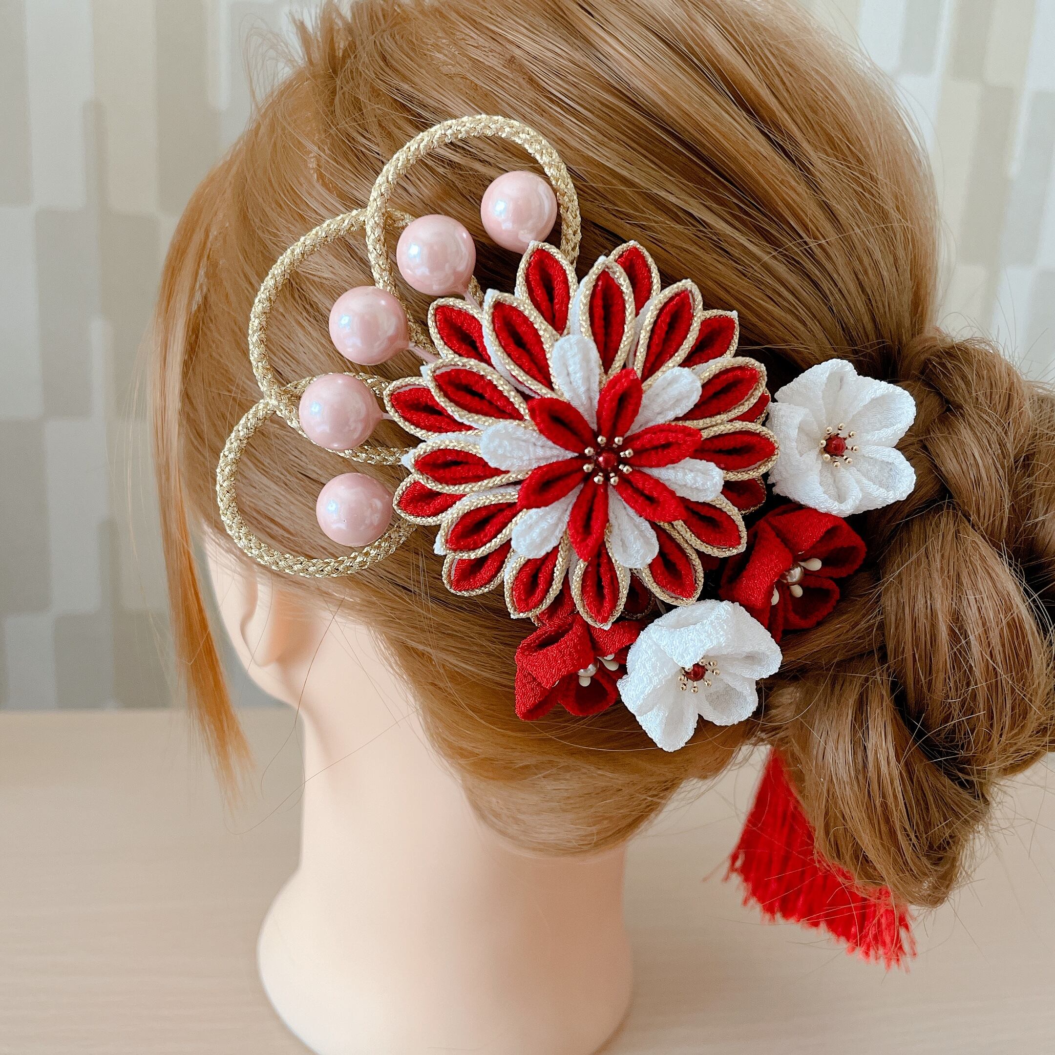 つまみ細工髪飾り»エンジ色・白ゆり色紅白タッセルセット | koyurinn つまみ細工髪飾り»エンジ色・白ゆり色紅白タッセルセット | koyurinn