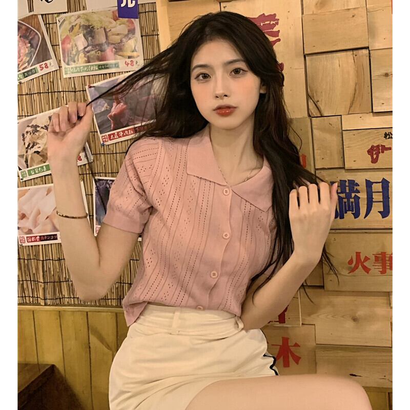 ショートセーター サマーブラウス スリムシャツ ピンク 夏物 Oネック ガールズファッション12277008265