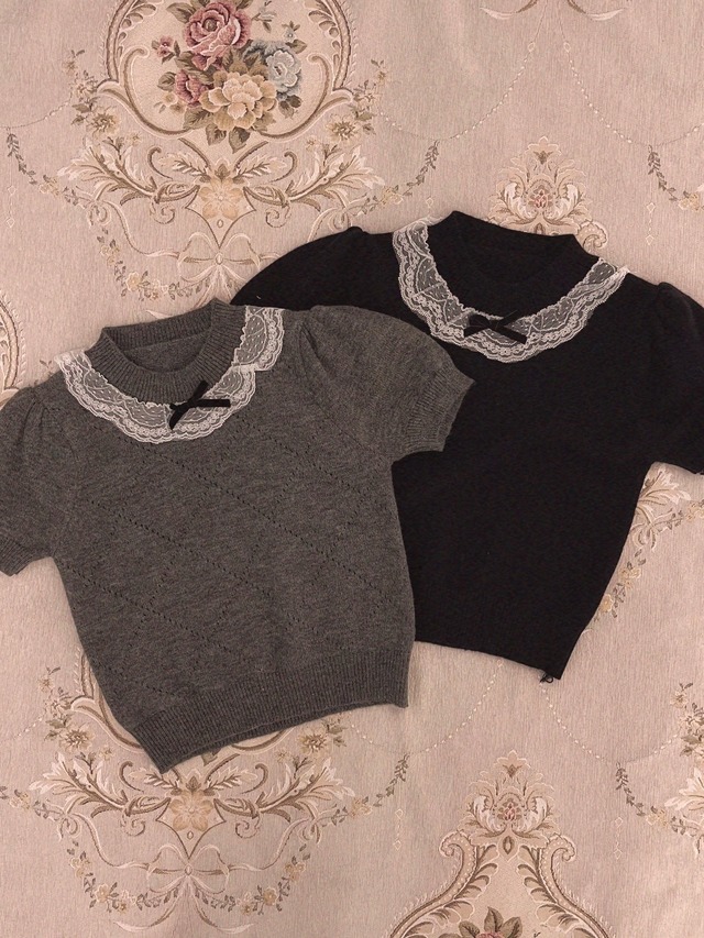 【LAST1】girly short sleeve knit-BLACK