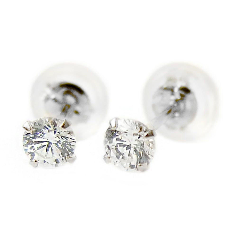 ピアス キュービックジルコニア プラチナ Pt900 ロングポスト 片側0.1ctサイズ シリコン製ダブルロックキャッチ スタッド 一粒留め 左右セット シンプル