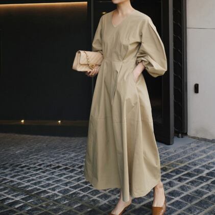 V neck lantern sleeve dress 《2color》