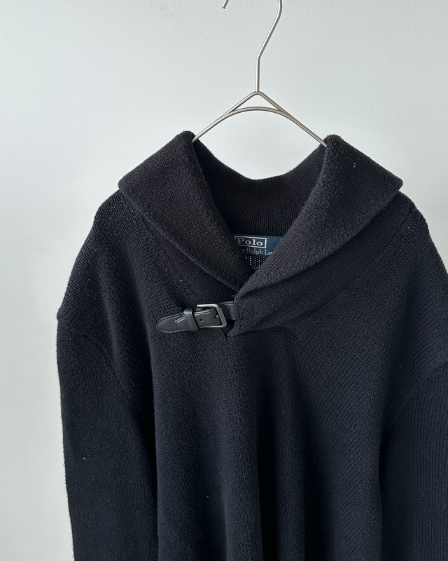 -Polo by Ralph Lauren- Vintage 90s M Leather-Belted Shawl Collar Cotton Sweater