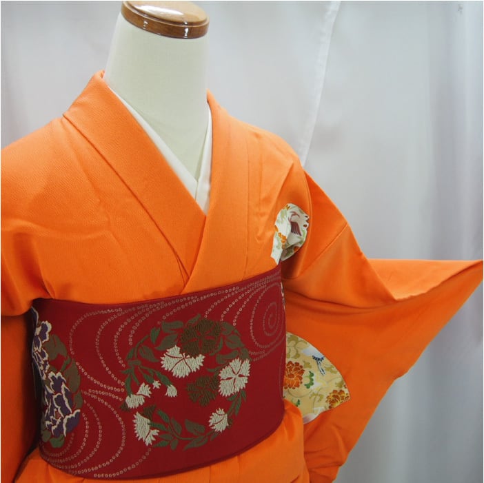 付下】朱色に花と唐子の扇柄の着物 | ひふみ屋