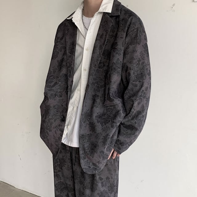 【予約販売】メンズ セットアップ スーツ 花柄 シングル レトロ 総柄 シック グレー ブラウン きれいめ 男前 ブラック フォーマル ジャケット パンツ セット パーティ 二次会 同窓会 結婚式 韓国 トレンド 大きいサイズ M/L/XL/2XL/3XL | favoriteselect