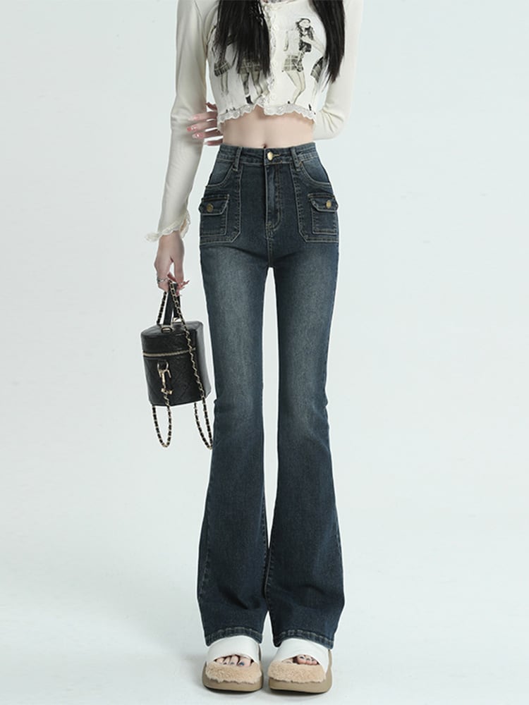 【新作】【送料無料】 アメリカンな雰囲気のデザインの女性用ブーツカットジーンズ、春と秋のファッションハイストリートスリミングハイウエストスリムベルボトム 0326943265139