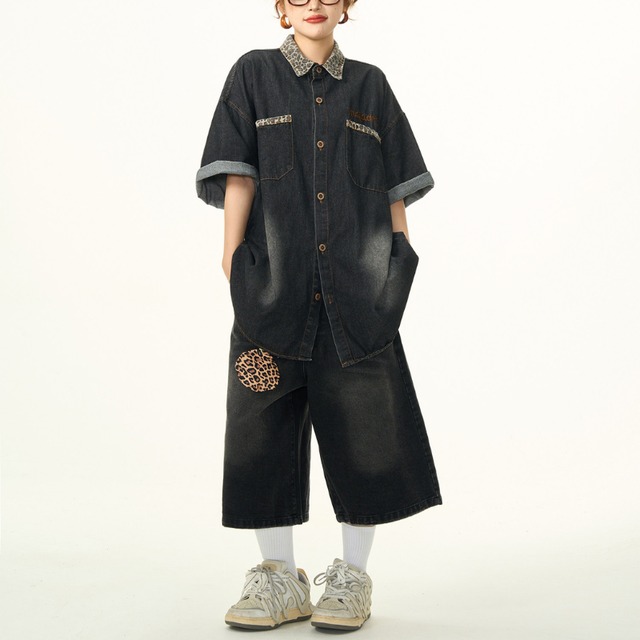 leopard print denim short-sleeved shirt　レオパードポイントデニム半袖シャツ　J1800