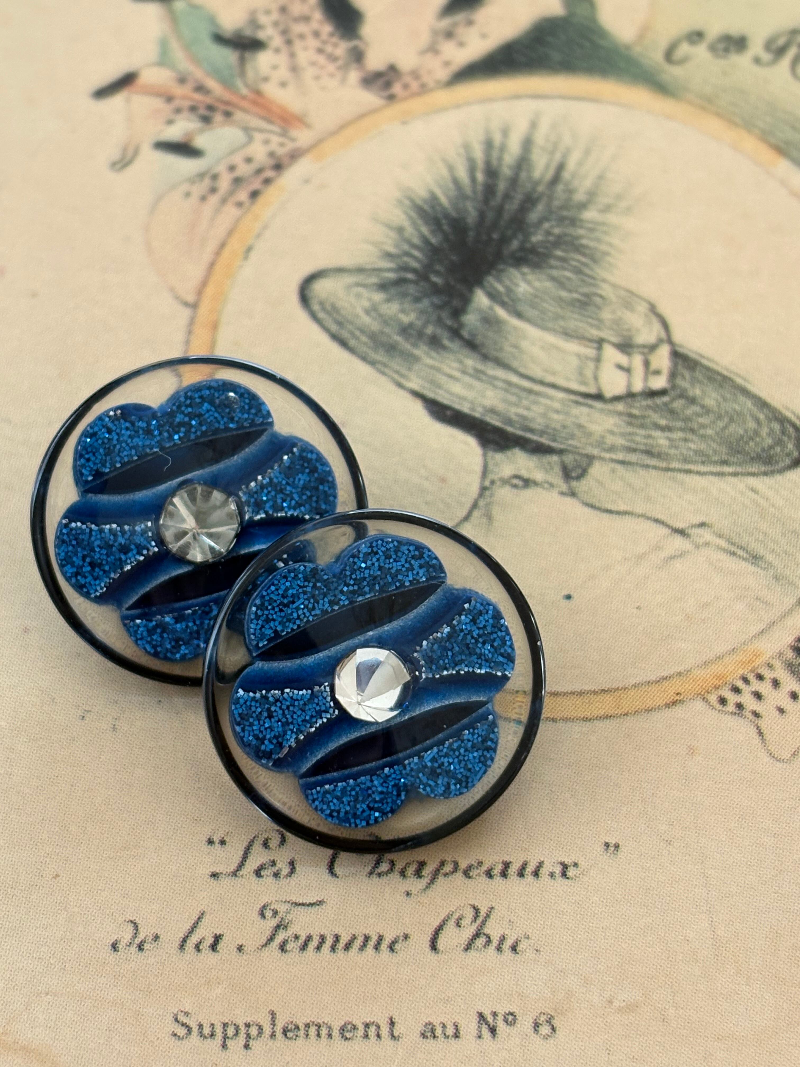 15mm Japaneseヴィンテージボタン 樹脂ボタン ブルー グリッター ストーン フラワー 昭和レトロ アクセサリーパーツ 装飾材 カルトナージュ