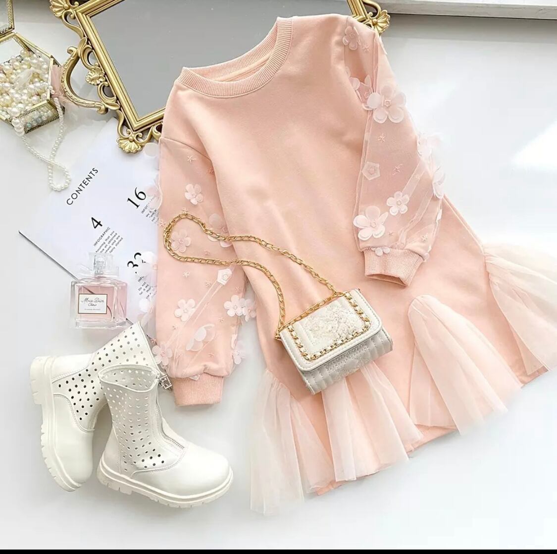 フラワーチュール袖ワンピース》》》》》海外子供服 プチプラ スウェット キッズ ガール ピンク