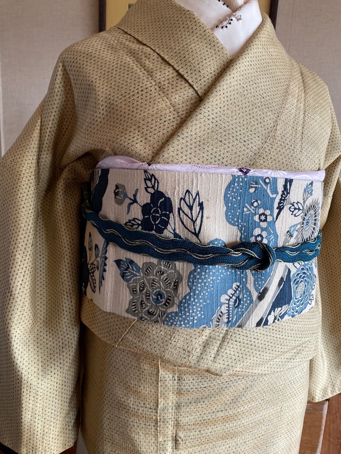 型染 紬 藍色 生成り 四季の花々笹 名古屋帯 | PAY ID