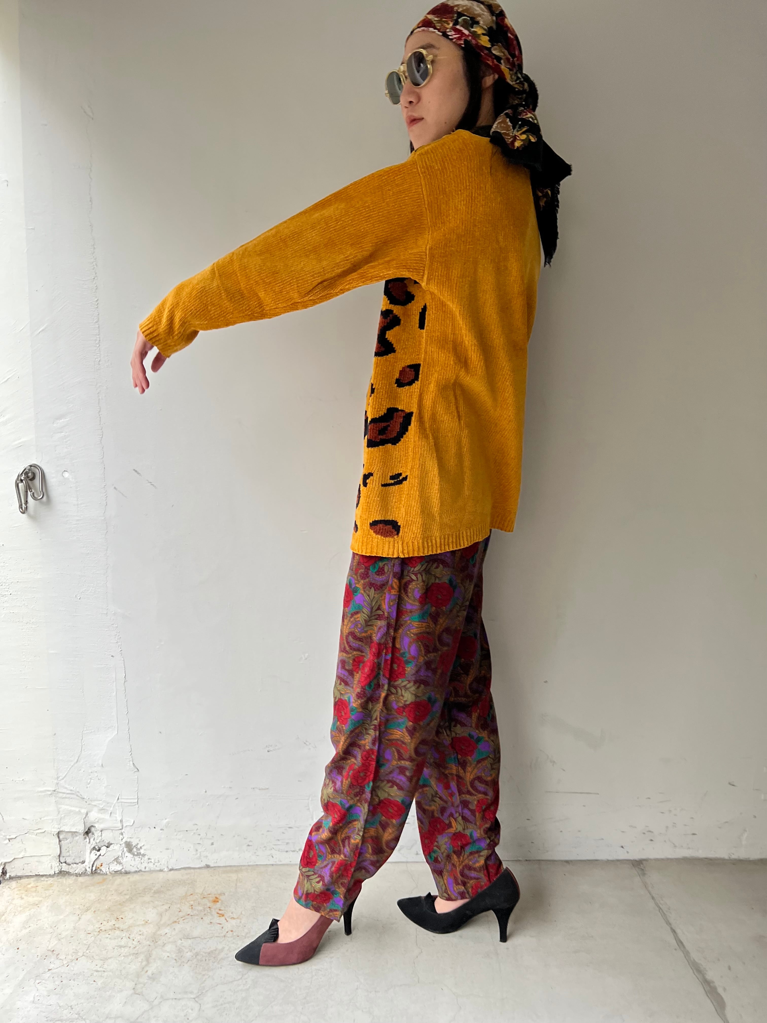 Vintage leopard × rose mustard yellow knit tops ( ヴィンテージ