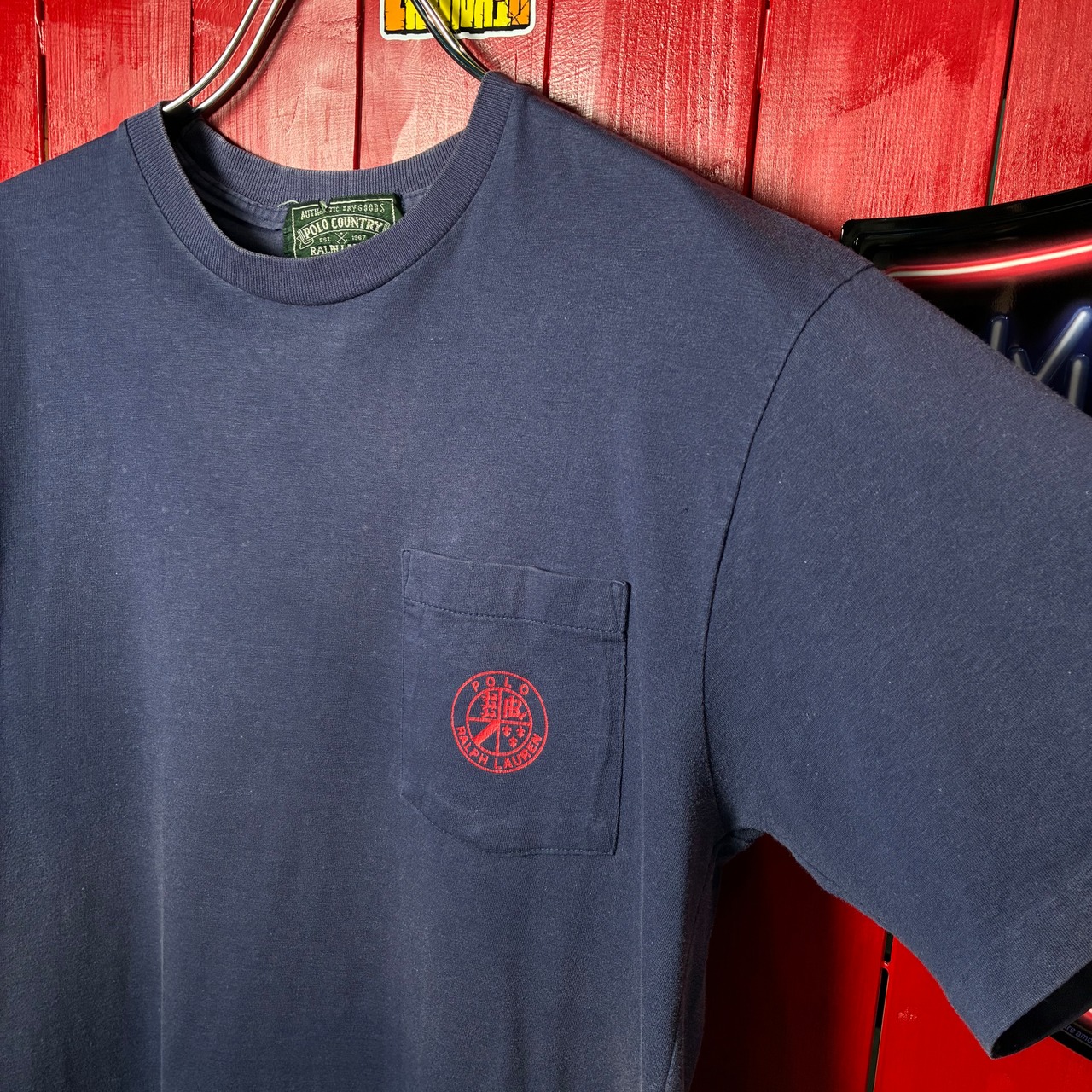 90s POLO COUNTRY ヴィンテージポケットTシャツ　フェードネイビー　ワンポイント