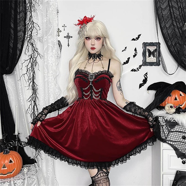 ハロウィン レース ファッション レッド オープンショルダー 膝上 ワンピース120491273