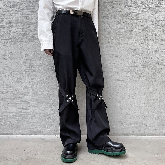 【Men】HIGH WAISTED BELT TRIMMED  STRAIGHT SOLID PANTS 2colors Z-069